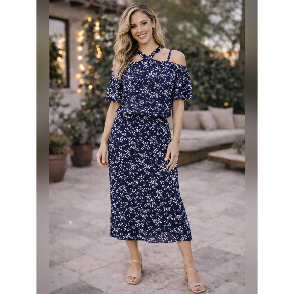 Michael Kors Navy Blue Floral‎ A-Line Blouse & Skirt Set